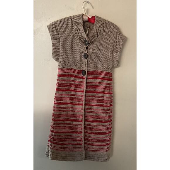 Free People Long Knit Sweater Vest Cardigan – Button Front Red Beige Striped S - Picture 4 of 7